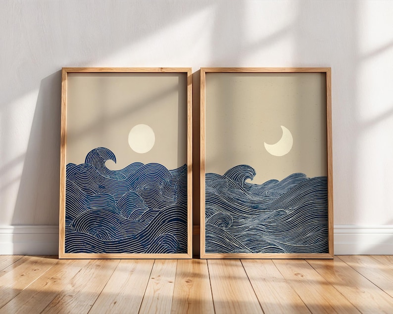 Home Office For Two - 2pcs Japandi 미니멀리스트 달 초승달 캔버스