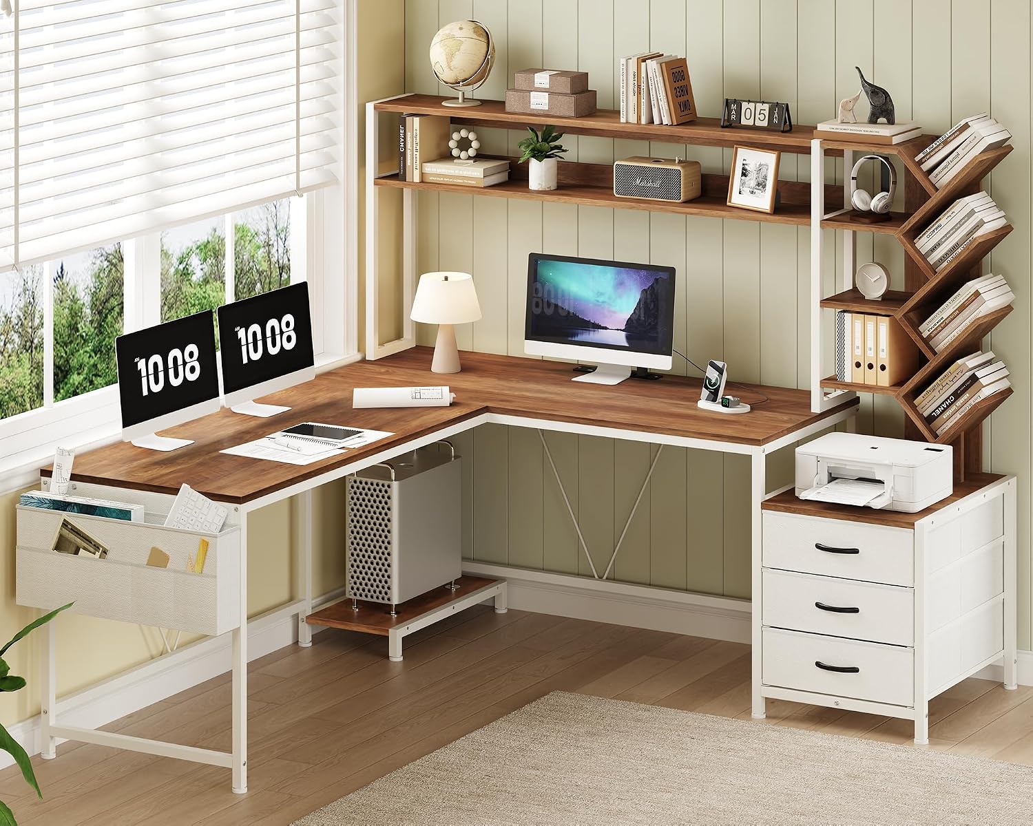 Home Office Desk With Drawers - 63인치 L자형 책상(책꽂이, 서랍, 상단 수납장