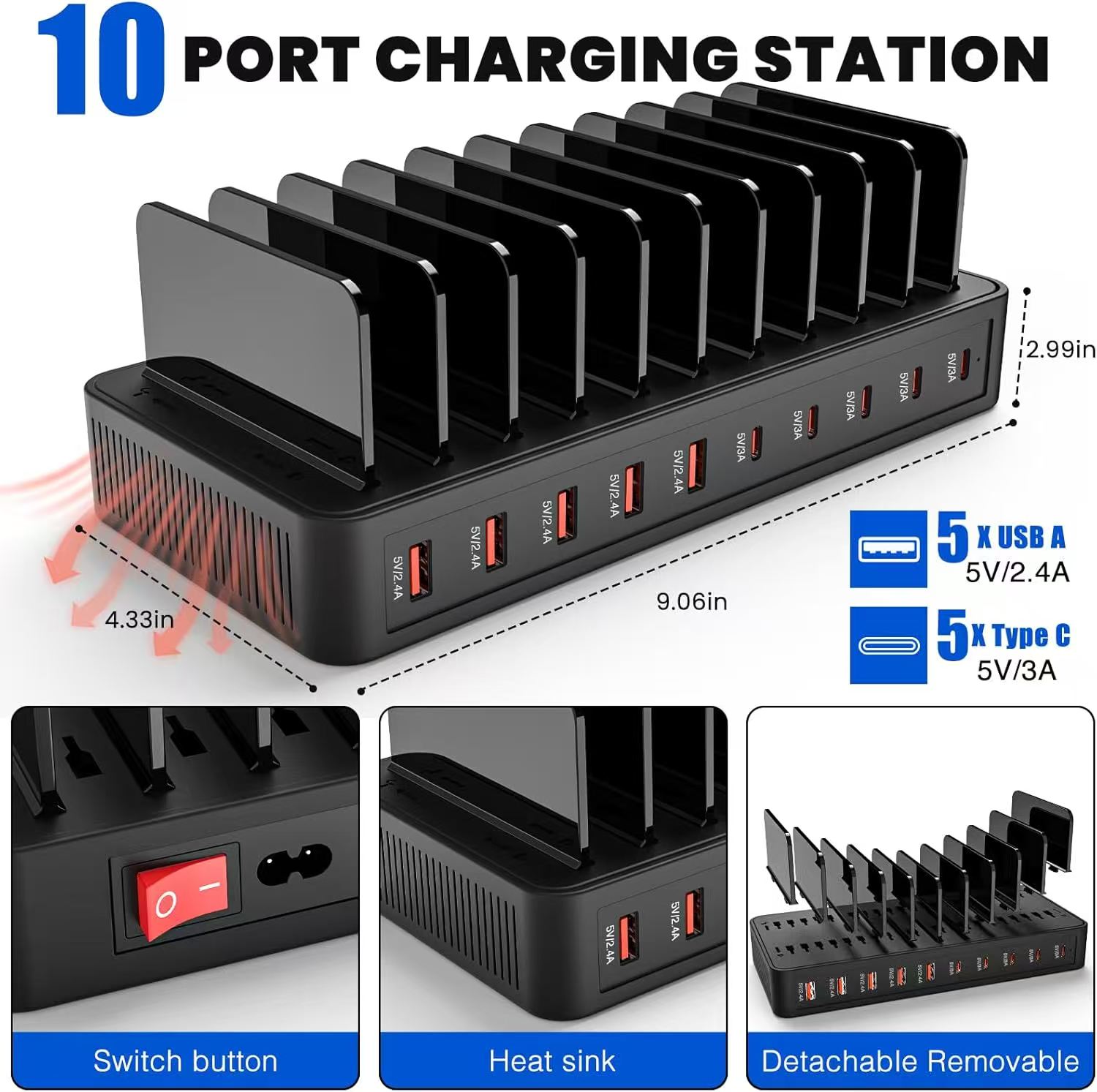 100W 다기능 충전기 (5개 USB 포트 및 5개 타 - Home Office Vivo 리뷰 및 가격
