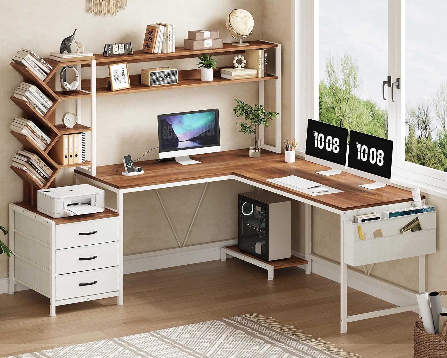 63인치 L자형 책상(책꽂이, 서랍, 상단 수납장 포함 - Home Office Desk With Drawers 리뷰 및 가격